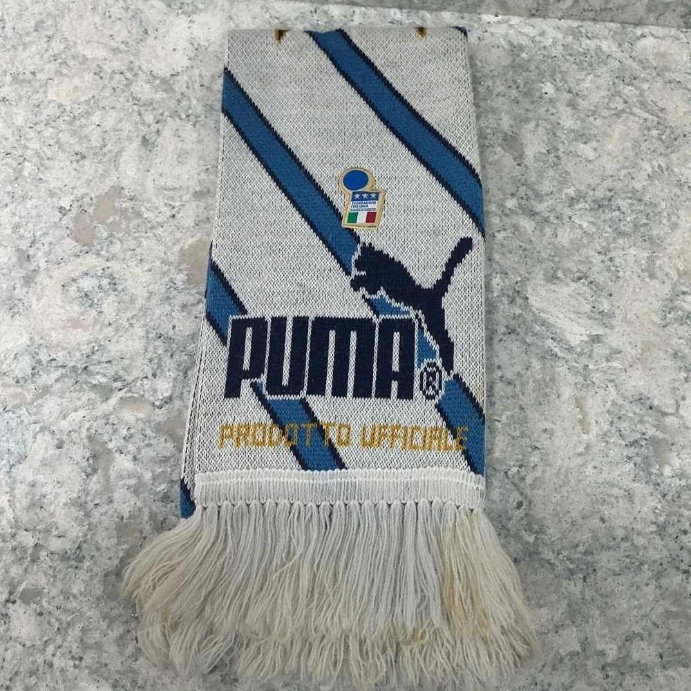 Puma Scarf Italia FIGC Soccer OS White Blue Striped Knit Fringe Made in Italy